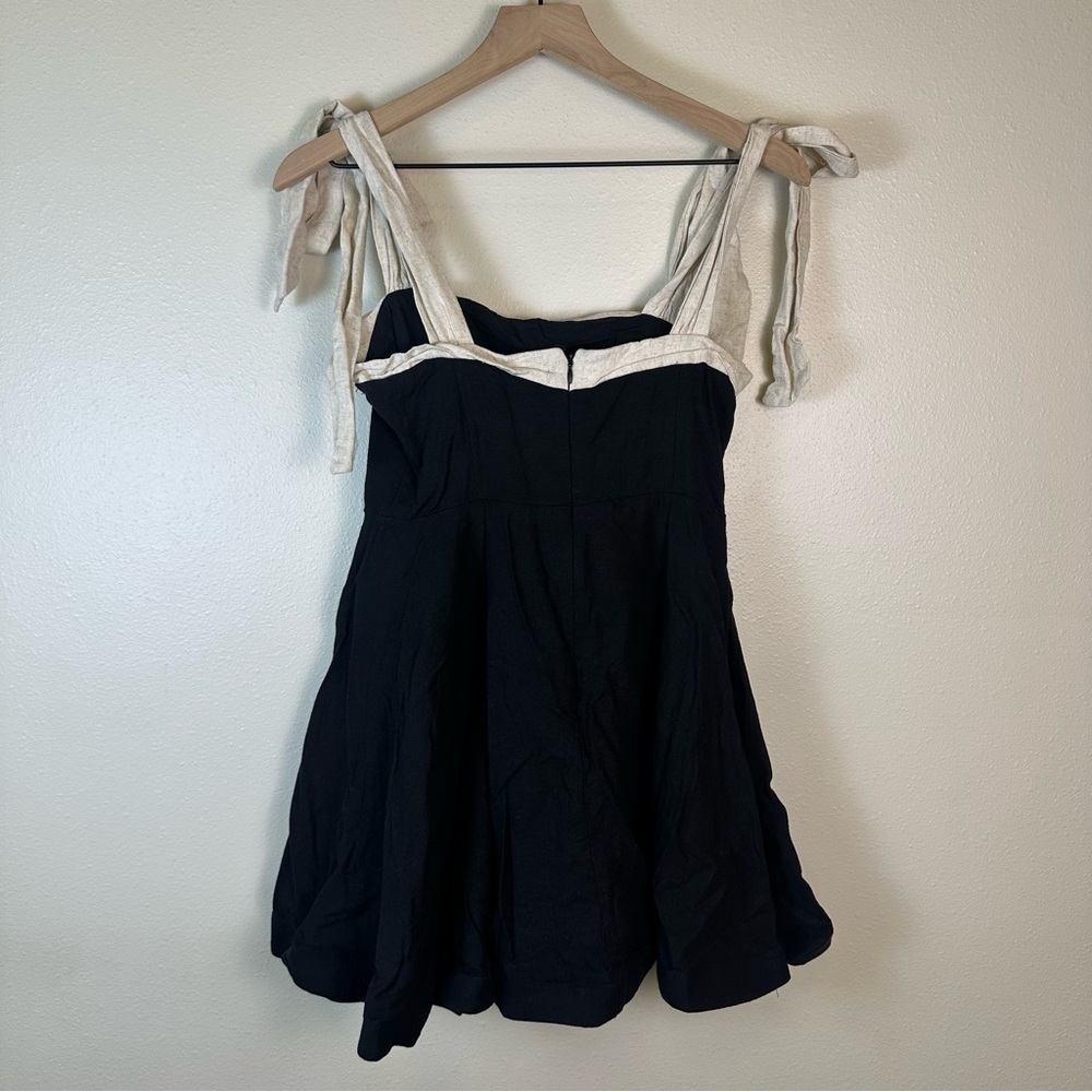 KLESIS Classy Chic Linen Blend Bow Tie Shoulder Black & Cream A-Line Mini Dress - Picture 8 of 9